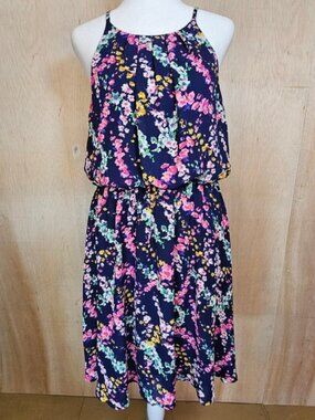 YA Los Angeles Blue Floral‎ High Neck Blouson Dress Size Large